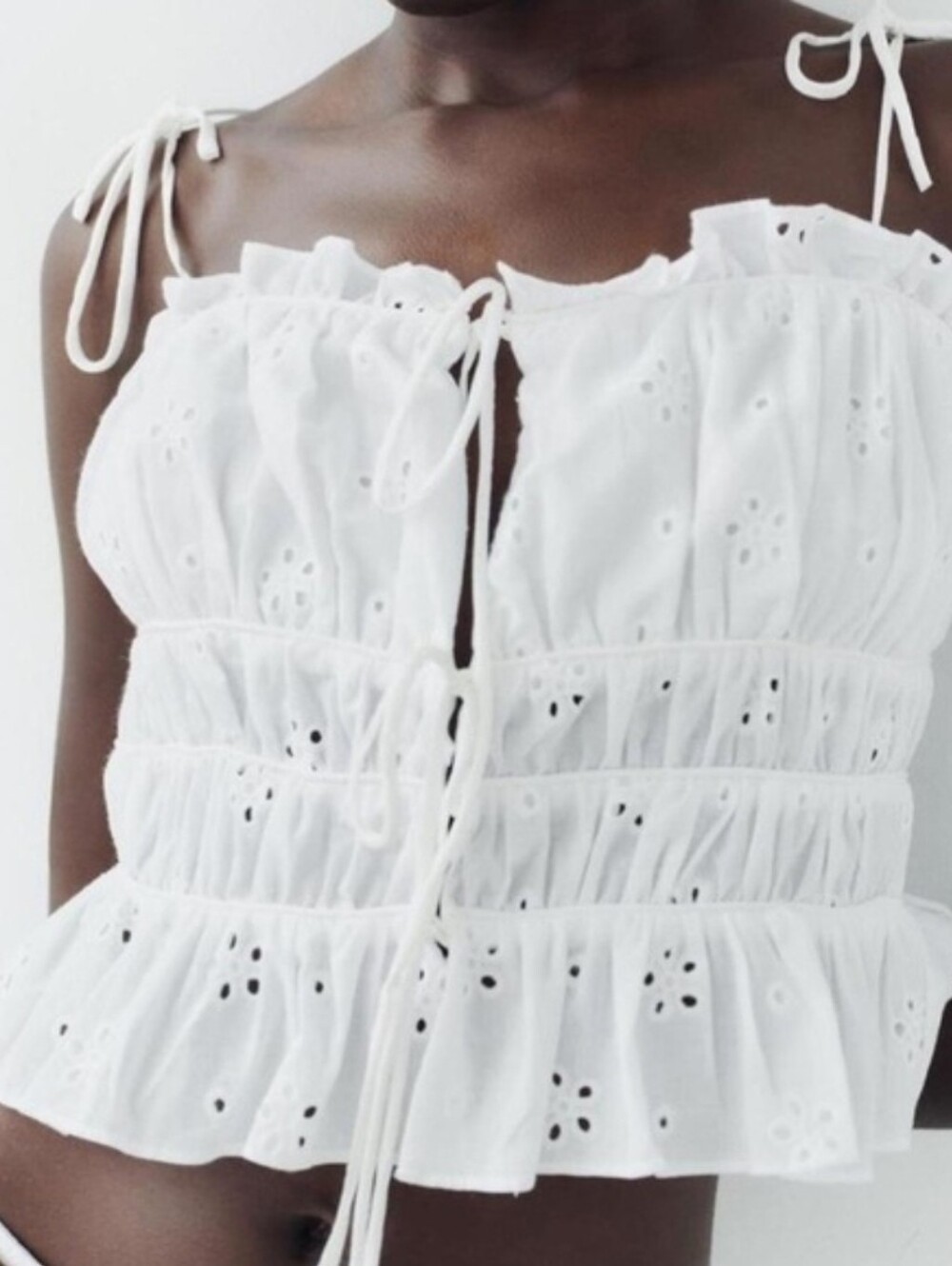 Sz S New Zara White Eyelet Embroidered Bow Top